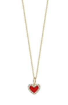 Red enamel fills a heart pendant with romance in this handcrafted necklace lit up with 16 diamonds. 16" length; 2" extender; 1/4"W x 3/8"L pendant Total diamond weight: 0.08ct. Color: G Clarity: VS 18k gold/enamel/diamond Made in Spain >Diamond Guide Red Heart Cut Diamond Necklace, Red Diamond Heart Pendant Jewelry, Red Heart-shaped Diamond Necklace, Valentine's Day Diamond Pendant Necklace With 17 Jewels, Red Heart Pendant Necklace With Diamond Accents, Red Necklaces With Diamond Accents For Valentine's Day, Valentine's Day Necklace With Diamond Accents In Round Pendant, Valentine's Day Heart Charm Diamond Pendant Necklace, Valentine's Day Red Necklace With Diamond Accents