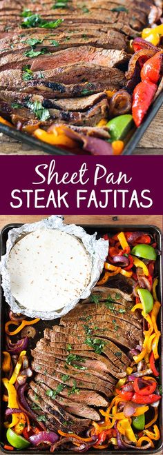 sheet pan steak fajitas with peppers and onions on the side, in a casserole dish