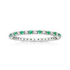 Ross-Simons - .17ct t. w. Emerald, .14ct t. w. Diamond Eternity Band Ring in Gold. Size 8. An always classic combination, this eternity band shimmers with .17 ct. t. w. round emeralds between .14 ct. t. w. diamond rounds. Set in 14kt white gold. 1/16" wide. Diamond and emerald eternity band. Emerald birthstones are the perfect gift for May birthdays. May Birthdays, Emerald Eternity Ring, Emerald Eternity Band, Silver Eternity Ring, Emerald Wedding Band, Emerald Earrings Drop, Cultured Pearl Ring, Emerald Birthstone, Baguette Diamond Rings