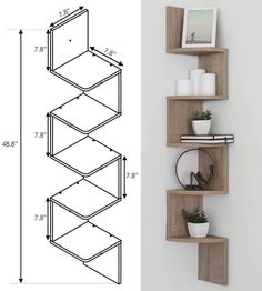 three wooden shelves are shown next to each other with the measurements for each shelf on top