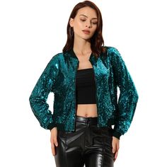 Invigorate your new season with the latest jackets. Keep things casual but always on-trend with a piece of outerwear fashion, the bomber jacket. Put some shimmer into your new season wardrobe with this mermaid green sequin jacket. Make it modern by pairing it with black pants or a skirt for a chic look that works for a night on the town. Note: This jacket is quite cropped in length. Prom Costume, Velvet Cardigan, Jacket Store, Shiny Jacket, Metallic Skirt, Sequin Jacket, Green Sequins, Metallic Dress, Chic Woman