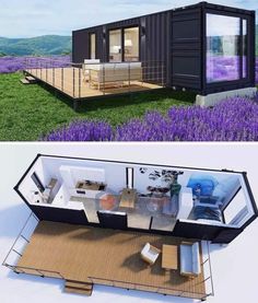 two pictures showing the inside and outside of a shipping container with an open floor plan