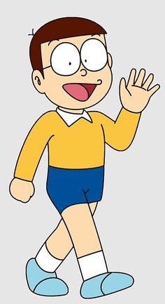 the cartoon character person is wearing blue shorts and yellow shirt with his hands up in the air