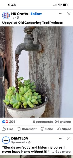 an old faucet is filled with green plants