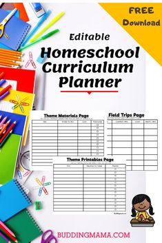 the printable homeschool curriculum planner is shown with school supplies and pencils