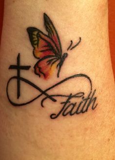 a tattoo with a butterfly and the word faith on it