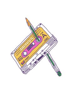 an old school cassette with a pencil in it