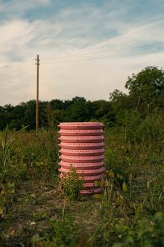 a stack of pink cups sitting on top of a lush green field next to a telephone pole