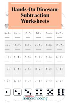 the hands on dinosaur subtraction worksheet is shown with numbers and dices