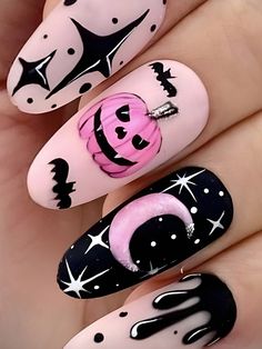 Mejora tu estilo con un set de 24 uñas postizas largas de punta afilada con diseño de Halloween de luna, calabaza y estrella que es adecuado para mujeres y niñas Multicolor     Galaxia,Geométrico Uñas de Color   Nail,Hand & Foot Care, size features are:Bust: ,Length: ,Sleeve Length: Happy Halloween Nails, Mate Fall Nails, Halloween French Tip Nails Acrylic, Purple Halloween Nails Short, Spoopy Nails, Summerween Nails, Kawaii Halloween Nails, Simple Spooky Nails, Pink Spooky Nails