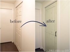 before and after photos of a white door with the bottom half painted green, then the bottom half painted white