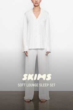 This classic top and matching pant make the perfect pajama set. Made with ultra soft modal ribbed fabric, the Sleep Top and Sleep Pant are a lightweight, comfortable sleep and loungewear option. | SKIMS Pajama Set | White | Medium | Soft Lounge Cozy Pajama Set, Skims Pajama Set, Women’s Pajamas, Skims Pjs, Skims Pajamas, Pjs For Women, Pajama Set White, Womens Loungewear Sets, Silky Pajamas