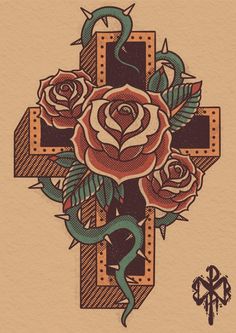 a cross with roses and snakes on it