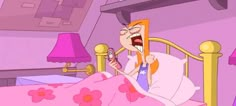 an animated image of a woman in bed with her mouth wide open and holding a cell phone