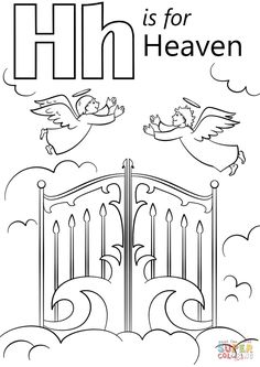 the letter h is for heaven with two doves flying over an open gate and clouds