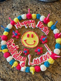 Cookie cake sweet 16 preppy smiley smile smily yellow pink blue happy birthday Cute Cakes For 13th Birthday, Preppy Birthday Party Cookies, Preppy 9th Birthday Party, Preppy Cookie Cake, Pink Smiley Face Birthday Cake, Hot Pink Smiley Face Birthday Cake, Preppy Cookie Cake Design, Preppy Bday Cookie Cakes, Smiley Face Cookie Cake