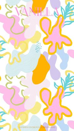 an abstract pattern with different colors and shapes on white background, including blue, yellow, pink, orange, and green leaves