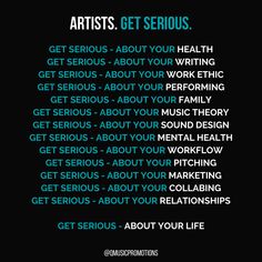 the words artis get serious on a black background with green and blue text that reads,