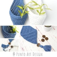 crocheted pot holders with tassels and plants in them