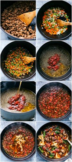 the steps to make chili in a skillet are shown with ingredients being mixed together