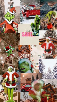 a collage of photos with santa claus and the grin