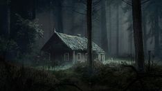 an old house in the middle of a forest at night with fog and light coming from its roof