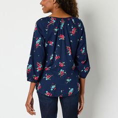 This St. John's Bay women's floral-print blouse is a chic breezy style you'll love wearing with jeans or pants. Made from a woven blend, it has 3/4 puffed sleeves, a curved hem and a button-up split crew neckline.Closure Type: Pullover HeadFit: Regular FitNeckline: Split Crew NeckSleeve Length: 3/4 SleeveApparel Length: 27 InchesFiber Content: 55% Cotton, 45% RayonFabric Description: Plain WeaveCare: Machine Wash, Line DryMaterial: Cotton BlendCountry of Origin: Imported Breezy Style, Floral Print Blouses, Puffed Sleeves, Print Blouse, Blue Blouse, Crew Neckline, Puff Sleeve, Shirts Tops, Sleeve Blouse