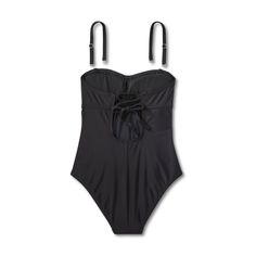 This Twist-Front Bandeau Classic One-Piece Swimsuit with Tummy Control from Kona Sol™ is made from soft fabric with added spandex for stretchy comfort. The sleeveless swimsuit fashioned in a classic bandeau silhouette in black will have you standing out from the crowd. The twist-front accent adds style, the tummy control feature gives you a flattering look, and the crisscross back ties with keyhole give you an ideal fit every time. Plus, you can choose the level of comfort thanks to the removabl Stretch Bandeau Swimwear Shapewear, Solid Strapless Shapewear Swimwear, Black Bandeau Stretch Bodysuit, Black Stretch Bandeau Bodysuit, Stretch Strapless Swimwear With Adjustable Straps, Black Bandeau Bodysuit With Lined Body, Black Elastane Bodysuit For The Beach, Solid Bandeau Bodysuit For Swimming, Strapless Stretch Bodysuit For Poolside