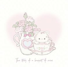 a white teddy bear sitting in a teacup with pink flowers and hearts on it