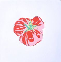 a drawing of a red flower on a white background with green stems and leaves in the center