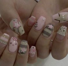 Gloomy Bear Nails, Nail Ideas Hello Kitty, Scene Nails, Paznokcie Hello Kitty, Kitty Nail, Kitty Girl, Kitty Nails, Punk Nails, Grunge Nails