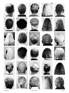 black and white photographs of different types of hair in various styles, from front to back