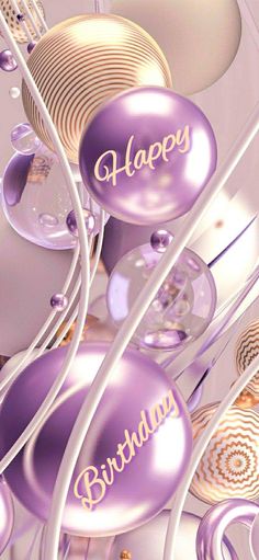 purple balloons with the words happy birthday written on them are surrounded by swirls and circles