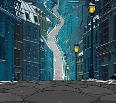 an alley way in the middle of a snowy city with street lamps on either side