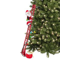 a santa clause climbing up the ladder to a christmas tree that is decorated with lights