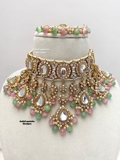 Premium quality elegant Kundan choker comes with Jhumki Earrings with attached saharey and Tikka/ Indian Jewelry/Premium Quality Polki and Kundan Jewelry/bridal necklace/pink mint/pink pista/pink sage green All items are shipped from Brampton, Ontario, Canada. If you need your item by a certain day, please reach out to us for express delivery option before placing the order so that we can update the shipping for you. Standard shipping/delivery timeline Below are the delivery timeline estimates. Luxury Multicolor Jewelry Sets For Diwali, Luxury Pink Temple Jewelry Style Kundan Necklace, Luxury Pink Kundan Necklace For Parties, Luxury Elegant Pink Kundan Necklace, Luxury Pink Temple Jewelry Necklaces, Luxury Pink Kundan Necklace For Wedding, Green And Pink Necklace, Pink Colour Dress, Desi Jewelry