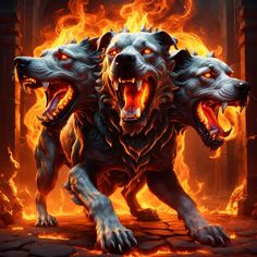 two wolfs with their mouths open in front of a fire filled background and flames