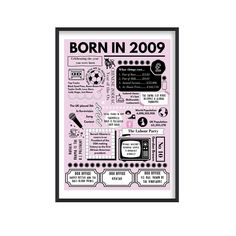 a pink poster with the words born in 2009 written on it, and an image of a