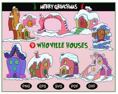 christmas graphics with cartoon houses and snow