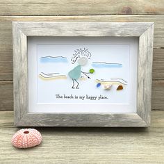 the beach is my happy place framed paper art with sea shells and seashells