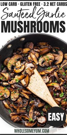 a skillet with mushrooms and parsley in it