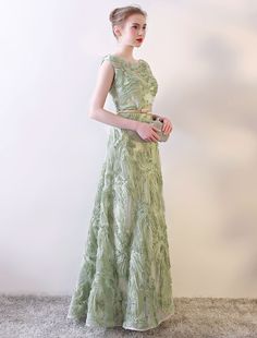 Eleagnt Evening Dresses Long Sage Green Embossment Fabric Texture Sleeveless A Line Floor Length With Sash Wedding Guest Dress-showprettydress Green Formal Dresses, Mother Of The Bride Dresses Long, Mother Of Groom Dresses, Mob Dresses, Wedding Sash, Mothers Dresses, Groom Dress