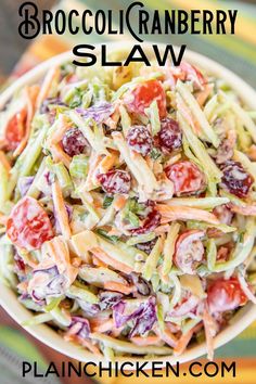 broccoli and cranberry slaw salad in a bowl on a table