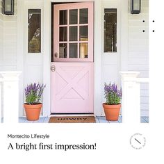 a pink front door with two planters on the porch and an advertisement for design to sell method