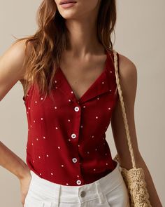 The Red V Neck Polka Dot Print Sleeveless Vest & Reviews - Red - Tops | RIHOAS Polka Dot Vest, Tailored Clothes, Fall Blouse, Red Tops, Perfect Figure, Polka Dot Fabric, Vest Shirt, Red Polka Dot, Sleeveless Vest