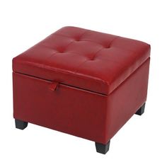 a red leather ottoman with black legs