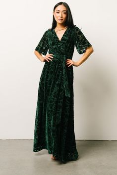 Maxi Dress Dark, Embossed Velvet, Velvet Wrap Dress, Baltic Born, Velvet Maxi Dress, Velvet Maxi, Green Bridesmaid, Green Floral Dress, Maxi Dress Green