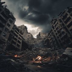 an abandoned city with lots of rubble on the ground and dark clouds in the sky