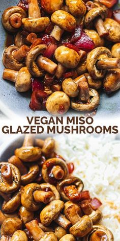 two pictures show different types of mushrooms and rice