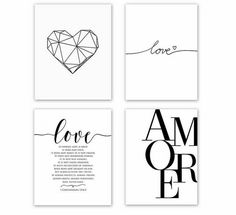 four black and white greeting cards with the words love, love is in the air